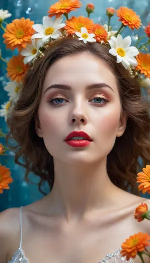 Luminescent Garden Portrait "Create an ethereal portrait of a person with their face tilted upward in serene reverie. Their face should be adorned with delicate glowing summer flower patterns, radiant white gardenias, shimmering golden marigolds, luminous coral cosmos, and ethereal moonflowers that pulse with soft inner light across their skin. Instead of traditional hair, crystalline elements flow like liquid water from their head, creating fluid, transparent streams that cascade upward following the tilt of their pose. These crystal-water formations should have a glass-like quality with prismatic reflections. The subject should have artistic makeup featuring vibrant red lips and subtle decorative details near the eyes, possibly including small pearls or glitter accents. Light the scene with a warm, golden glow that accentuates the elegant angle of their pose against a soft, blurred blue background. The overall mood should feel romantic and dreamy."