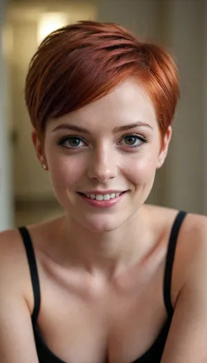 A young german 18 year girl with short red hair, Sleek Pixie haircut, supermodel figure, small breasts, big labia, naugty smile.

wearing a sexy black and white scoolgirl uniform outfit.

sitting relaxed on the floor.

in a scool hallway.

realistic photo style, high detail, DSLR-quality.