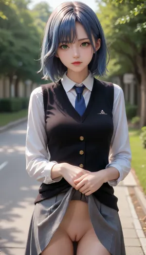 masterpiece, high quality, 8k, beautiful lighting, 1girl, solo, green eyes, medium_hair, white shirt, sweater vest, black vest, blue necktie, grey skirt, outdoors, cowboy shot, looking at viewer, anime, blue hair, pussy flash, skirtlift, <lora:akane:.7>, <lora:skirtlift_xl:.1>