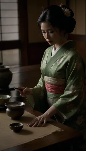 Japanese woman, geisha, kneeling before japanese table, kimono, (undressing), (show nipples), blowjob, samourai, traditional japanese bun, traditonal japanese make-up, traditional japanese house, tea, green, perfecteyes, <lora:PerfectEyesXL:.5>, <lora:add-detail-xl:.8>, <lora:dark:.8>