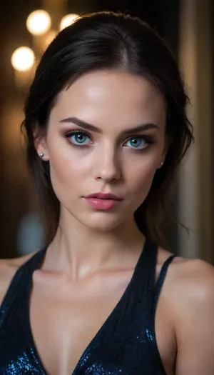 ziprealism, (closeup shot, sharp focus, focus on smirk, perfect eyes), (mysterious woman, dark mood, glamorous esthetic, piercing eyes, smug expression, mesmerizing eye contact:1.6), (vibrant blue eyes, extreme eye detail:1.4), (glossy black hair, thick hair, elegant hair style, stray hair, long hair framing face:1.2), (chiseled cheekbones, delicate face, sensual lips, defined jawline, bold eyeliner, dimples, flawless porcelain skin:1.4), shallow depth of field, bokeh background, RAW photo quality, (rule of thirds composition, negative space, symmetry, symmetrical:1.2), black v-neck dress, slightly leaning forward, chin slightly lowered, symmetry, catchlights, style by anton semenov, high fashion, luxurious, extravagant, stylish, opulent, elegance, (low-light, low-key, dramatic lighting:1.4), <lora:zavy-cntrst-sdxl:1.5>