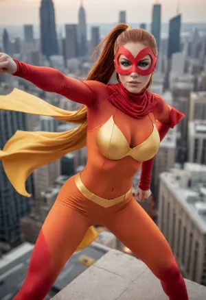 Pyro Vixen, super heroine, vibrant colors, (orange costume with yellow accents), (red cape), (long flowing red hair in a ponytail), slight tan, ((muscular)), fit, (toned), ((large breasts)), (orange mask), action pose, on top of building, city in background