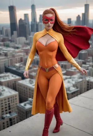 Pyro Vixen, super heroine, vibrant colors, (orange costume with yellow accents), (red cape), (long flowing red hair in a ponytail), slight tan, ((muscular)), fit, (toned), ((large breasts)), (orange mask), action pose, on top of building, city in background