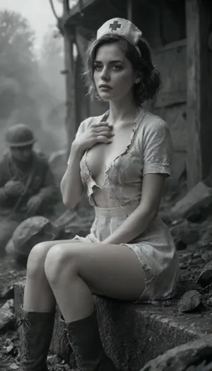 Score_9, score_8_up, score_7_up, ultra realistic vintage photo of a sexy female military nurse in World War I, side view, sitting on battlefield, covering chest, torn vintage nurse uniform revealing one bare breast, (dirty face with sweat and grime), legs forward, wild messy hair, intense expression, smoke and gray clouds in the sky, smoke and explosions in the background, a lot of soldiers on background, dramatic cinematic lighting, battlefield atmosphere, detailed skin texture, stockings and boots, 1910s military aesthetic, photorealistic, old film camera, (monochrome, sephia, vignette), fdec, tcc_foundphotos, <lora:MJ52:.8>, <lora:fdec:.8>, <lora:vintagephoto_training_data:.8>