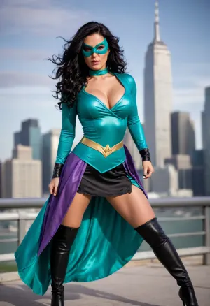 Shadow Minx, super heroine, (milf), dynamic pose, (teal costume with black accents), (teal hero mask), (black high heeled boots), (long flowing lavender skirt), (long curly black hair), slight tan, ((muscular)), fit, (toned), full body shot, city skyline background, ((large breasts)), light makeup, dramatic lighting, high contrast colors, (windswept lavender skirt), detailed costume, superhero outfit