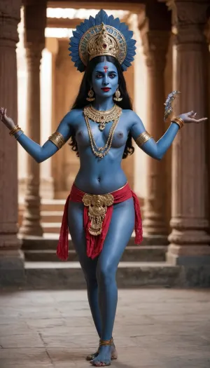 ((Indian goddess Kali)), thin waist, blue skin, large round breasts, nude, necklace of human skulls, dancing bharatanatyam in an ancient Indian temple, full body view, Naked, shaved pussy, quality 8K