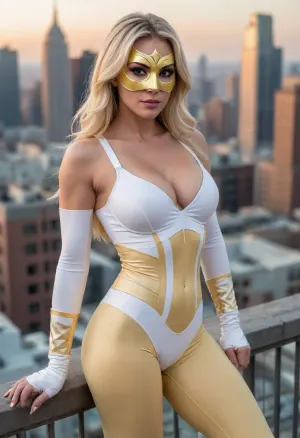 Diamond Milf, super heroine, ((milf)), standing on a rooftop, overlooking the city, (light pastel yellow tights & boots with stiletto heels), ((white costume with pale golden accents)), ((pastel yellow hero mask)), ((muscular)), toned, fit, long blonde hair, determined expression, ((large breasts)), (deep cleavage), hands on her hips, confident stance, makeup