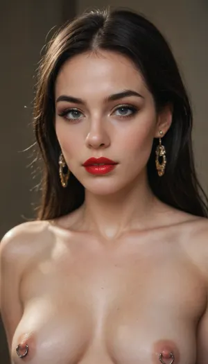 18y year old, long black hair, red lip gloss, black eyeliner, earrings, belly ring, nipple rings