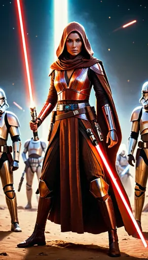 Super realistic image, full colour image, full body view, full body in frame, 8K quality, super detail, masterpiece, Jedi Knight Bastilla Shan of the Knights of the Old Republic, stands with a lightsaber on the battlefield, surrounded by soldiers., best lighting, professional quality photo shoot
