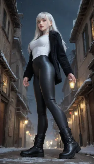 (night), (a small town street in winter), (medium low angle shot), (side view), (One very detailed beautiful 19-year-old caucasian girl. Electric blue eyes, thin defined light eyebrows, ((long white hair with hair bangs)), medium breasts, ((The girl is wearing tight and high black leather pants, a white t-shirt, black Short Parka Coat With Fur Hood, (silver-diamond choker), and black ankle boots))), (tight clothing), perfect-face, ((The girl is walking and holding out her hand to the viewer)), (The girl has a excited look), (The girl is laughing), perfect teeth, white teeth, extremely detailed hands, extremely detailed fingers, masterpiece, best quality, 8K, ultrarealistic, Fixhand, perfecteyes, 4ng3l, face, NEGATIVE_HANDS, <lora:lora-sdxl-perfect-eyes:2>, <lora:SDXL_BetterFaces-LoRA_v1:2>, <lora:681678_training_data:2>, raw, lighting, overexposed, harsh, flash, <lora:Rawfully Stylish v0.2_epoch_20:.8>, <lora:detailed_notrigger:.8>