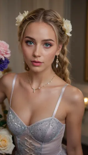 ((((Russian blonde, Russian slut, ((she has sex with a white man)), facial enjoyment of sex, on the face experiences an orgasm, rolls eyes from orgasm), (((She rides the guy's cock in cowgirl position, she rides a man's cock, she gets fucked by a big dick))), (((very light creamy pink, purple, mint, beige, lilac, violet, color))), she held on to railing with her hands so as not to fall, she was wearing a light summer evening dress with sequins, and gold jewelry, high-heeled shoes, (((tits, naked chest, nude bogy))), perfect illumination, 8K, UHD, sharp, best quality, ultra-detailed, highres, 8k wallpaper, (((masterpiece))), high definition, (skinny with breasts:1.4), ((breasts:1.4)), (((skinny:1.5))), ((euro American girl)), bright blue eyes, (((a lot of blondes))), pigtails, (beautiful, light freckles, blushing), (((very cute face, A clean sweet face, a gentle face, a kind face))), Clear silky skin, dimples on cheeks, symmetrical eyes, (Well-growing hair on head, a woman's hairy head, Lush curly yellow hair with long thick braids to waist, braids from top of head), light bedroom, roses, flower, beautiful wedding hairstyle, stylish, designer, fashionable, bride's hairstyle, European appearance, Russian cute face, beauty, cinematic photo of one girl, mouth, Beautiful wide square ron, slightly swollen juicy lips, passionate lips, Lip contour, juicy lips, excited lips, beautiful lips, Touches the neck and cheeks with the fingertips, nails on the cheek, Fingers with painted long non-sharp nails, nail polish, (((perfect Bright blue-gray irises of the eyes, realistic eyes, big eyes, Living natural eyes, Black outline on the edge of the eyelids outlined with pencil and ink))), (((very light makeup))), (blonde hair), (bobcut), (body), (very white pale skin), (beads), (A lot of gold and diamond jewelry, necklace, bracelet on wrist, gold big earrings), (((upper eyelids, shadows, well-growing abundant lush long eyelashes, light glamorous lipstick, shine in the eyes))), (((Ultrarealism, hyperrealism, ultra, Ultra Sharpness of the image, clarity photorealism, professional photography))), (((Lots of roses, huge roses, flowers, blue-white roses flowers, Huge bouquets of blue-white roses in the background))), 8k, highly detailed, dripping, thick, perfect, spitbubbles, littlebubbles, spitstring, woman cute face, (((Garterbelt))), catsuit, exposed, gloves, stockings, camera at a distance, BJ_Oxygen, GapingAssholesAllFourQuiron, pose, leotard, legshow, pl3as3rplatf0rmb00ts, thigh, Garterbelt, fabric, floral, embroidery, wearing, iron, chains, Nier.2b\, (Bride\), (leather, peplum), (straddling), (1boy:1.1))))