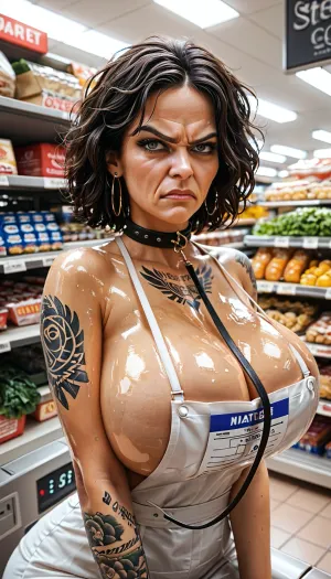 hot sexy 40 yo. supermarket employee sitting at a shopping belt in a Walmart supermarket at the cash register machine, nipslip, collecting at the supermarket checkout, round, huge breasts, ((Viewer Holding Leash)), ((disgusted face:1.3)), (upset face:1.3), ((tattoos)), (Oiled body:1.2), ((1 woman)), <lora:MJ52:.8>, <lora:add-detail-xl:.8>, <lora:bombshell_v2:.8>