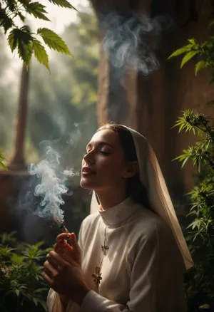 (warm ambient light:1.5), A slim, flat-chested, sexy nun sits in the monastery, smoking cannabis in a rolled, conical hash cigarette. In the garden, there are numerous cannabis plants in full bloom, (perfect cannabis buds:1.5), perfect face, perfect hands, perfect joint. It's a late summer afternoon, the sun is low and backlights the scene, rays of sunlight beautifully break through the smoke. Happy, content, satisfied, smiling, the focus is on the nun, the background is blurred., the entire image is designed using technical parameters to create a warm, romantic atmosphere. Ganja, flowers, cannabis, marijuana, leaves, plants, resin, glands, nugs, edgFae, flower, fairy, style, wearing, sunlight_str1, vibrant, dream, pale, reality, elven, architecture, cloudy, smoke, atmospheric, clouds, fog, <lora:sunlight_str1-SDXL_v1-dim64-steps1691:1.3>, <lora:vibrant_dream:.6>, <lora:MJ52:.4>, <lora:EnvyElvishArchitectureXL01:.8>, <lora:Cloudy_Style:1>