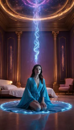 A surreal, dimly lit futuristic bedroom bathed in soft neon blue and violet tones. In the center stands an androgynous Aquarius figure — part dream, part enigma — wearing a sheer robe made of stardust and symbols, their gaze distant but piercing, like they already know your secrets. Their hands hover above the air, pulling constellations together like threads of desire. Floating geometric shapes surround them — holograms of memories, desires, and dreams. The walls are translucent, displaying shifting galaxies and digital pulses that respond to the character’s breath. Every object in the room — a crystal decanter, velvet sheets, soft lighting — is perfectly placed to stimulate the senses without overwhelming them. The Aquarius symbol glows faintly above their heart, like circuitry. Their body language is confident but unreadable — detached yet magnetizing. A slow-moving scorpion tail of light coils near the floor, (symbolizing control and temptation), but never strikes. This is a temple of curiosity, not conquest. In the final scene, they sit on the edge of the bed, whispering a truth you’ll never forget — but their lips don’t move. Only their eyes do the talking. The room dims. The symbol flickers. Fade to black.