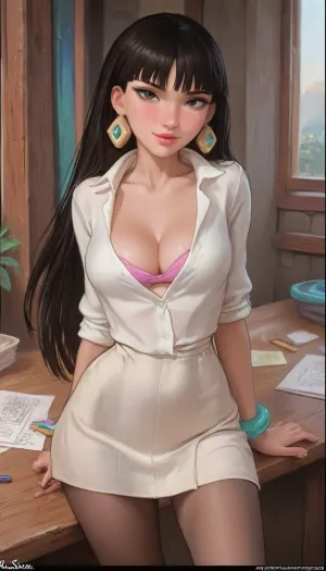score_9, score_8_up, score_7_up, score_6_up, aroma, ((aromasensei:1.3)), Sexy teacher leaning over desk, (Chel from Road to eldorado, dark skin:1.4), sexy smirk, (teacher is wearing a tight blouse and a skirt, pantyhose, cleavage, large breasts), <lora:outline_xl_kohaku_delta_spv5x:1.9>, <lora:cartoon_stickers_xl_v1:.5>, <lora:AshMilkshake_Illustrious_v1:1.1>, <lora:NEOTOKIOXL_0.2_RC:.5>, <lora:Brown Dust Style XL:1.2>