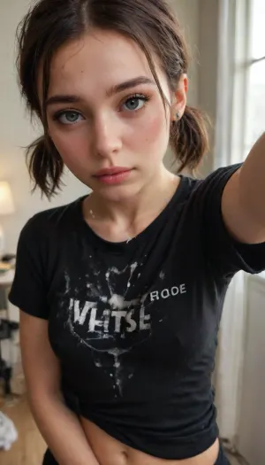 score_9, score_8_up, 4k, hdr, ultra high detailed, high resolution, upper portrait, view from top, cold lighting, high detailed photorealistic, short twintails, skinny body, wearing loose black shirt, (cum on shirt:1.4), makes a selfie from top, fluxenh4nce, <lora:SDXLFaeTastic2400:1.6>, <lora:FLUXEnh4nce:2>, <lora:Adjust_SDXL_v3.0:1.6>, alyciaDcarey, <lora:AlyciaDebnamCareySDXL:.8>