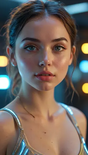 score_9, score_8_up, score_7_up, Hdr, uhd, 4k, AnadeArmasExl, dimple on chin, smiling, folded hair, on camera, asimetrical pose, sexy pose, cyberpunk oracle, warm olive skin tone, expressive almond-shaped eyes, (slightly upturned at outer corners), soft brown eyes with golden specks, defined dark brown arched eyebrows, straight elegant nose with subtle rounded tip, full lips, (slightly fuller lower lip), distinctive small mole above upper lip on the right side, high cheekbones, soft jawline, youthful glow, natural makeup, (nude lips, subtle mascara, soft blush), futuristic loft, large room, neon cityscape view on background, (flying cars, holograms), holographic interfaces, glowing cybernetic facial circuits, (gold/blue neon), intricate pattern around eye/cheek, mixed techwear clothing, leather, neoprene, neon hair streak, detached knowing expression, data stream connection, cinematic neon lighting, (blue, purple, orange contrast), shallow depth of field, Soft natural light, Ana, de, Armas, <lora:253562_training_data:.8>, <lora:ana_xl_8x8-000025:.8>, <lora:MJ52:.8>