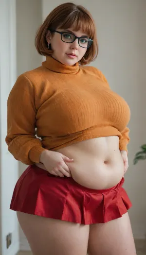 8K, Real, Fat, Obese, Ginger hair bobcut, thick orange sweater, short red skirt, Velma, sexy pose