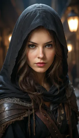(highly detailed candid photo of bandit:1.2), 1girl, solo, long hair, looking at viewer, brown hair, hood, armor, lips, cloak, (realistic:1.5), night in the medieval alley, masterpiece, (best quality:1.1), cinematic lighting, ultra photoreal, (photorealistic:1.3), (sharp focus:1.1), (depth of field:1.5), 50mm, style of Nathan Wirth, Hasselblad X1D II, Porta 160, <lora:RPGBanditXL:.5>