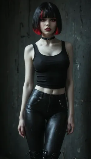 Slender 21yo woman, (bob cut and bangs black hair:1.3), (red highlights), Oval high cheekbone face. Wide jaw., (Pale skin:1.6), with soft features, heavy dark eyeliner and purple lip gloss.

Wide brown eyes, filled with devotion and submission, (Wearing black tank top, dark tight side laced leggings and high heel boots. Also wearing a thick black choker), Submissive body language, (Standing in a dirty motel), realistic detailed face, detailed hair, realistic detailed body, realistic detailed skin, realistic detailed breasts, realistic detailed pussy, random view angle, action pose, <lora:add-detail-xl:1.5>, <lora:style_lora_realis:.5>, <lora:dark:.8>, detailxl