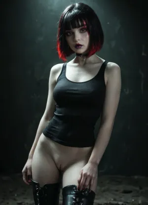 Slender 21yo woman, (bob cut and bangs black hair:1.3), (red highlights), Oval high cheekbone face. Wide jaw., (Pale skin:1.5), with soft features, heavy dark eyeliner and purple lip gloss.

Wide brown eyes, filled with devotion and submission, (Wearing black tank top, dark tight side laced leggings and high heel boots. Also wearing a thick black choker), Submissive body language, (Standing in a dirty dark room), realistic detailed face, detailed hair, realistic detailed body, realistic detailed skin, realistic detailed breasts, realistic detailed pussy, random view angle, action pose, <lora:add-detail-xl:1.5>, <lora:style_lora_realis:.5>, <lora:dark:.8>, detailxl