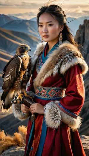 Incredibly realistic image, full colour image, full body view, 8K quality, super detailed, masterpiece, 19 year old beautiful Mongolian girl, ((wearing traditional sexy Mongolian clothing made of fur and silk)), ((she has a hunting hawk perched on her arm, on a falconer's glove)), standing over a cliff in the mountains, ((the valley below is swirling with mist)), .