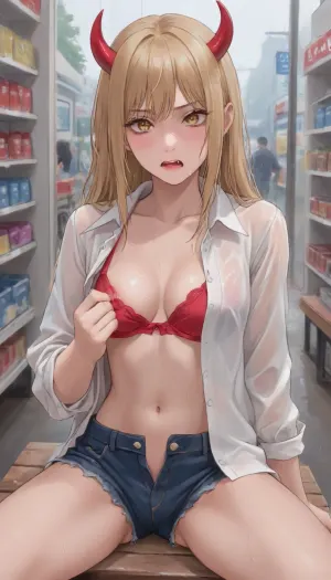 The anime character "Chainsaw" Power is a young girl with blonde hair, whose long hair reaches the middle of her back. She has light red devil-like horns sticking out of the top of her head, red and yellow cross-shaped eyes, and sharp teeth with well-defined fangs. She's wearing an ordinary shirt with two slightly unbuttoned buttons, a push-up bra that accentuates her breasts, short shorts that stick into her vagina, a beautiful, neat vagina, sitting on a bench in the rain, all wet, next to a Japanese-style store., <lora:outline_xl_kohaku_delta_spv5x:1.3>, <lora:NEOTOKIOXL_0.2_RC:.7>, <lora:Ppolar-P3v1-NbVp10:.7>, <lora:one breast out XL:2>, <lora:cartoon_stickers_xl_v1:.5>