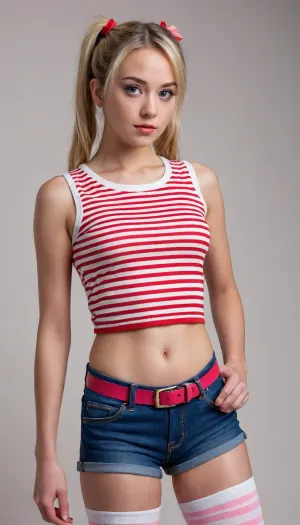A young woman, appearing to be of Asian descent and in her late or early twenties, is depicted from a low-angle perspective. She has long, straight blonde hair styled in pigtails, bright blue eyes, and a serious, almost defiant expression. She is wearing a red and white horizontally striped sleeveless top with a small bow detail, dark blue denim shorts with a rolled-up hem and a red belt, and pink and black striped knee-high socks. Her hands are on her hips, in a confident pose. The setting is a plain, light beige background, drawing focus solely to the character. The character is centered in the frame and oriented to face the viewer directly. The style is anime-inspired, with clean lines, vibrant colors, and a slightly exaggerated body type. The lighting is even and soft, with no harsh shadows. The overall atmosphere is one of slight defiance and self-assuredness