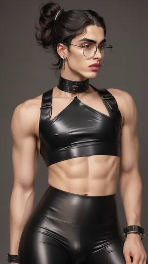 A digital portrait of a soft, self-conscious crossdressing boy. He wears a tight, black tube crop top — flat and strapless — baring his smooth with no suggestion of cleavage, with a vulgar and trashy mini short. The clothes are woman clothes, in a trashy bimbo style. He has a slim chest. His arms are very slim. His body is slim and lightly athletic, narrow waist, soft contours, and gentle curves in his limbs. His black vinyl leggings are extremely short and cling tightly around his thighs and groin, clearly outlining a visible bulge beneath the glossy fabric. Both the crop top and leggings leans the look toward trashy. He wear a black lipstick, his lips are pouty, black and feminine in a bimbo way.

His body is androgynous, not muscular.

His smooth skin is hairless, emphasizing his exposed body and submissive presentation. His clean-shaven face is heavily painted with cheap black lipstick, mismatched blush, and thick eyeliner. While the makeup is loud and uneven, his facial features remain male — a softly angular jaw, and slightly thick brows — but softened enough to appear uncertain and vulnerable. His large, anxious brown eyes peer out from behind round glasses, betraying both fear and a desperate need for approval. Between his legs, a bulge is visible underneath his short.

His dark brown hair is natural, long, and styled in a feminine way, with girly schoolgirl pigtails. No wig. He wears cheap earrings, a black choker, and flashy accessories that exaggerate his bimbo transformation. The background is a narrow street in Paris streets by night. It is midnight. He is looking at the camera in a shy and submissive way. The image blends anime and realism, capturing his erotic vulnerability.