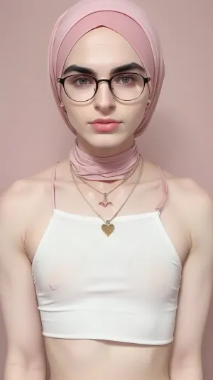 25 years old white man
- he is a crossdresser
- Mini-short with a visible bulge
- Slutty crop top on a flat masculine chest
- Round glasses
- Masculine chest
- Thick eyebrows
- Thick eyebrows
- Heavy pink makeup
- Pink collar
- Heart pendant
- It's a femboy
- androgynous
- brown hair
- very pale skin
- Wear a hijab

Backstory, White man that has been islamized and femenized by force and is forced to live as a muslim women