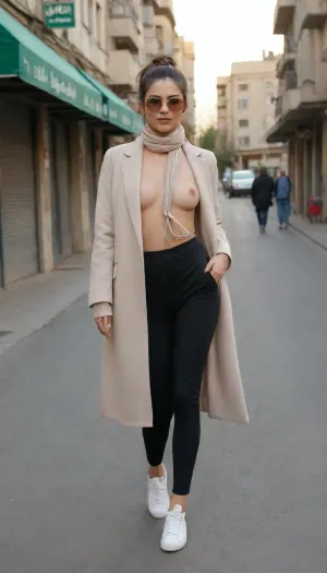 A fashionable Iranian female model walking confidently in the streets of Tehran. She is wearing a sexy cutout leggings and modern, tailored manteau, (long coat), in a chic neutral tone, paired with loose-fitting trousers and luxury sneakers. Her scarf is styled in a unique, elegant knot that blends tradition with modern flair. She accessorizes with gold jewelry, a statement handbag, and oversized sunglasses. The backdrop features real Tehran city elements — Persian signs, urban textures, and local street architecture. The lighting is golden hour, giving a soft, cinematic glow to the scene, evoking a high-end street fashion editorial.
