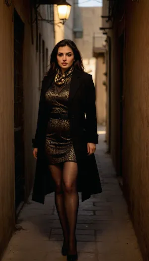 super Sexy curvy super busty Persian woman. Iranian natural face, she pose her sexy legs like a pro pornstar.
An Iranian fashion model walking confidently through a narrow alley bathed in warm sunlight. Long shadows stretch from old window frames, creating a mysterious pattern on the stone walls. She wears a sleek black manteau with gold details, sheer black patterned stockings, and glossy black high heels. Her scarf is tied in a modern knot, complemented by bold gold accessories. The play of light and shadow adds cinematic drama to the scene., huge, breasts, massive, adjusting, footwear, BadX, ptheels, high, heels, <lora:SDXL_MassiveCowsLoRA_v1:.8>, <lora:adjustingfootwear_XL_v1:1>, <lora:streephoto:1.3>, <lora:ptheels_sdxl_V2-000010:1>