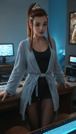 ((((Brigitte Lindholm)))), (dark gaming room, shiny silk bathrobe, thigh-high, intact tights, stilettos, slender physique, covetous gaze, bathrobe parted, tights stretched, T-shirt pushed up, shorts, neon blue lighting, glowing RGB keyboard, cluttered desk, two monitors with game displays, scattered energy drink cans, gaming chair, soundproof foam panels, tangled cables, blackout curtains, dimly lit skyline, night)