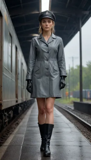 A freight train sorting station, the autumn grayness of a drizzling rain, a dark sky covered with black clouds, a dim lantern barely illuminating the freight cars, a young female train driver standing on the train's step and gazing into the distance, wearing a train driver's cap on her head and black leather gloves on her hands, her wet grey raincoat open, revealing her naked body, and an expressive, angular face with broad cheekbones, full nude, shaving pussy, shirtspread, colored photo