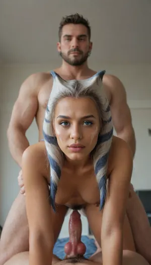 Ahsoka Tano, space station, standing, naked, pubic hair, looking at viewer, fucked by a Worgen, large canine penis, knot, cum inside, creampie, doggystyle, on all fours