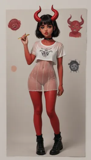 (1girl), full body, evil demon girl, straight demon horns, sexy Fantasy outfit, slutty clothes, no underwear, ((see through outfit)), revealing, emo and goth accessories, (thick hips), black straight hair, ((dark red skin)), makeup, thick eyebrows, eyeshadow, full lips, simple abstract background, ((sketch)), (drawing), (((anime))), (cartoon), colorful, illustration, (flat colors), anime proportions, stylized, character design, (Pencil_Sketch:1.2), messy, lines, outline, traditional, media, sketch, unfinished, hatching, (texture), <lora:Anime_Sketch_SDXL:1.9>