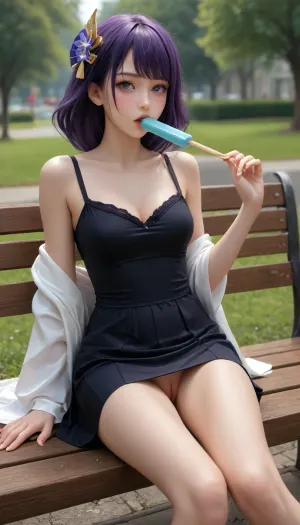 Raiden Shogun from Genshin Impact, holding popsicle, (ice popsicle dripping from shaved pussy:1.3), skirt, cleavage, ultra detailed, detailed face, sitting on park bench, leaning back against bench, skirt pulled up