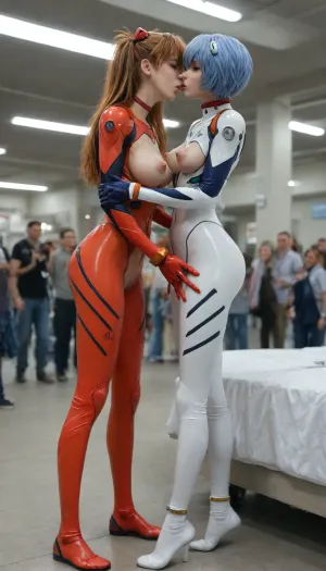 (2girls), ((asuka langley from nvg:1.6), rei ayanami from nvg:1.6), young cute patite face, big eyes, natural make, under view, from below, full body, shy, ahegao, few smile, horny posing, (slender body, natural massive saggy long tits:1.5), (massive puffy nipples:1.5), realistic leg body proportion legs shorter than upper body, (plugsuit from evangelion:1.4), make her legs appear longer, (yuri sex, grabbing another's ass:1.3), kissing, tongueout, covered by jeweleries, tiptoe, nipples and pussy visible, toes, ankle bracelets, breast jeweleries, red neck strap, bed in hospital, crowd, (Public scrutiny:1.6), public flash, Public scrutiny, full body view, looking at viewer, side view