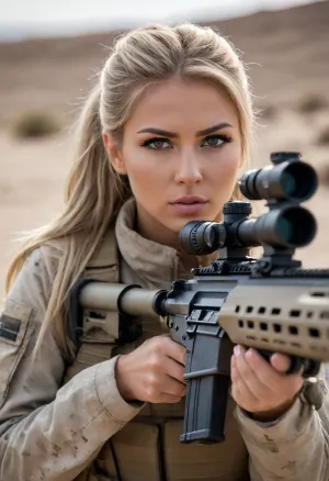 Ava, female soldier, slightly tanned, sniper, (military attire), (desert camouflage), long straight blonde hair in a ponytail, ((large breasts)), light makeup, (holding sniper rifle), action scene, close-up, military facility