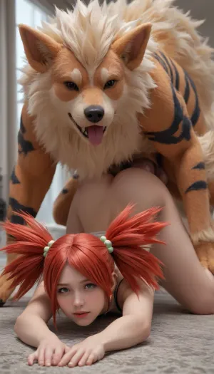 Flannery from Pokémon, 1 girl, on all fours, fucked by arcanine from pokemon, massive dog_cock