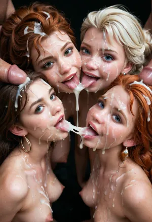 (Four women), (viewed from above), perky saggy small pointy breasts, puffy thick nipples, sloppy french kissing, cum kiss, smiling, eyes open, (Cum details), realistic excessive cumshots, Prominent cum, (creamy runny wet cum), cum on, (Cum flows), (cum on body), cum on head, (cum on face), ((body covered with cum)), black room, black background, face, Face covered in cum, (A lot of cum), 3+men, surrounded by dicks, bukkake, cum, (styles and marinette and merida and tinkerbell and elsa from frozen), <lora:JustCum:1.9>, <lora:cum_in_eye_deepmind:1.9>, <lora:MS_Real_XL_Bukkake:1.9>, <lora:754990_training_data:1.9>