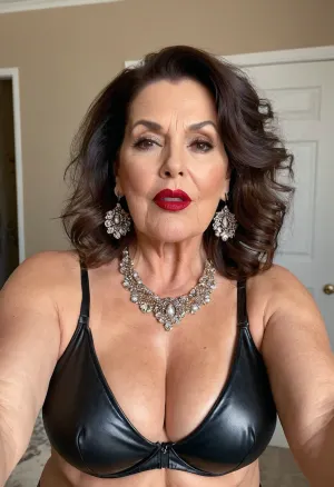 old mature 65 years old, dark brunette, medium hair, very chubby, bbw, beautiful big black eyes, glamour and fancy, messy hair, screaming orgasm cum face face, small saggy tits, tall, realbodiez, sexy lingerie long sleeve leather, huge hoop earrings, necklace, red lipstick, looking at the camera, selfie, face and body focus
