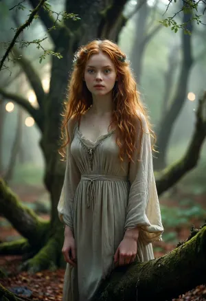Rating_explicit, score_9, score_8_up, score_7_up, masterpiece, cinematic, best quality, ultra-detailed, beautiful young witch, long ginger flowing hair, enigmatic deep eyes, mysterious, wise, melancholi, (ripped clothing, thorn nightgown, transparent nightgown), a misty ancient forest, atmospheric lighting, soft flickering candlelight, soft moonlight filtering through canopy, gnarled ancient oak trees, moss-covered roots, ethereal glowing wisps, (bokeh), dense atmospheric mist, color palette, muted earth tones, deep greens, charcoal black, ivory, silver accents, composition reminiscent of 18th century paintings, shallow depth of field, film grain, soft focus background, sense of quiet solitude and ancient mystery, Stanley Kubrick shot, fantasy, historical atmosphere, NSFW, torn, fly, down, at, _______, <lora:MJ52:.8>, <lora:tornclothesv6-8:.8>, <lora:DetailedEyes_V3:.8>, <lora:Kubrick_FLUX:.8>