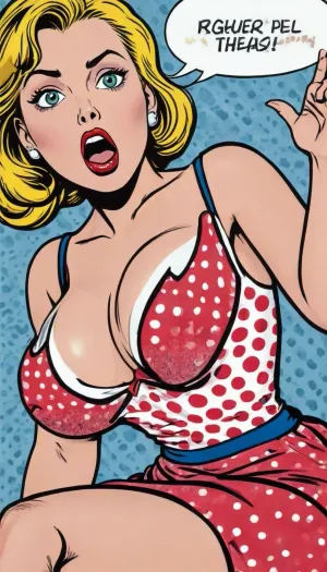 In the style of Roy Lichtenstein, a surprised woman, her dress is ripping open, torn dress, large breasts popping out of dress, surprised, Roy Lichtenstein's art style, ideal for guiding an AI image generator, can be described as, **Pop Art with Comic Book Aesthetics**
Lichtenstein's work is instantly recognizable for its bold, graphic quality. Key features include, * **Ben-Day dots, ** A signature hallmark, mimicking commercial printing techniques used in comic books—small, evenly spaced dots of color to create shading and texture.
* **Thick black outlines, ** Strong contours that define shapes and figures, giving a flat yet dynamic appearance.
* **Limited color palette, ** Bright, primary colors, (red, blue, yellow), along with black and white, dominate his compositions.
* **High contrast and flat color, ** Shadows and depth are created more through color blocking and dot patterns than through gradient or realism.
* **Speech bubbles and captions, ** Many works feature text in bold, comic-style fonts, echoing comic strip storytelling.
* **Mechanical precision, ** Despite being hand-painted, his works emulate mass production, with a clean, almost printed look.

**Prompt example for AI image generation, **

> "A pop art portrait in the style of Roy Lichtenstein, featuring bold black outlines, Ben-Day dot shading, and a dramatic comic-book-style expression with a speech bubble, mimicking 1960s comic strip aesthetics."

Let me know if you'd like a version tailored to a specific subject or composition. green, a, pop-art, painting, in, the, style, of, roy-lichtenstein, large, breasts, big, boobs, huge, tits, <lora:detailed_notrigger:.8>, <lora:roy-lichtenstein-sdxl-v5-000014:.8>, <lora:bombshell_v2:.3>