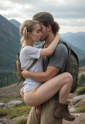 20 year old, (light platinum blonde:1.1), short twintails, wearing basbell cap, hiking shirt, hiking boots, backpack, standing carry sex, hugging, leg lock, kissing, pussy clearly visible, mountains, blue sky