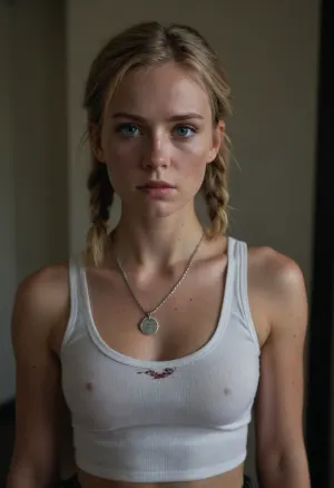 A realistic detailed perfect beautiful young woman stands centered in the frame, filling the midground. She wears a white ribbed tank top, revealing a hint of her abdomen and perfect poking nipples, and a dark utility belt sits low on her waist. Her short, wavy blonde hair is styled in pigtails. She has a fair complexion with lots of freckles, perfect dark blue eyes, black eyeliner, marked with a few visible scratches on her left shoulder and a smear of blood on her chest. Her expression is serious, with a slight furrow in her brow and a determined gaze, her gorgeous and innocent face can't fool the viewer, she is a really badass warrior. A silver chain with American military identification plates adorns her neck. The background is a muted gray, suggesting an institutional setting, possibly a corridor. A blurred, rectangular window or doorway is visible to the left, casting a soft, diffused light that illuminates the scene. The lighting is even, creating a realistic and slightly gritty ambiance. The overall color palette is cool and neutral, dominated by grays, whites, and blonde tones. The viewpoint is at eye level, creating a sense of direct engagement with the subject. The mood is tense and resolute, hinting at a recent struggle or conflict. The photographic approach is realistic, aiming for a natural and unposed depiction of the woman.