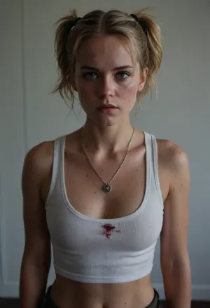 A realistic detailed perfect beautiful young woman stands centered in the frame, filling the midground. She wears a white ribbed tank top, revealing a hint of her abdomen and perfect poking nipples, and a dark utility belt sits low on her waist. Her short, wavy blonde hair is styled in pigtails. She has a fair complexion with lots of freckles, perfect dark blue eyes, black eyeliner, marked with a few visible scratches on her left shoulder and a smear of blood on her chest. Her expression is serious, with a slight furrow in her brow and a determined gaze, her gorgeous and innocent face can't fool the viewer, she is a really badass warrior. A silver chain necklace with American military identification plates adorn her neck. The background is a muted gray, suggesting an institutional setting, possibly a corridor. A blurred, rectangular window or doorway is visible to the left, casting a soft, diffused light that illuminates the scene. The lighting is even, creating a realistic and slightly gritty ambiance. The overall color palette is cool and neutral, dominated by grays, whites, and blonde tones. The viewpoint is at eye level, creating a sense of direct engagement with the subject. The mood is tense and resolute, hinting at a recent struggle or conflict. The photographic approach is realistic, aiming for a natural and unposed depiction of the woman.