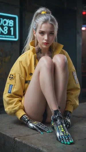 zoomed out full body portrait, ((Asian cyborg girl with human face:1)), (neon pink and neon green robotic arms + legs), (neon blue robotic feet), robotic skeleton with visible neon robotic organs, many face scars and many tattoos, platinum hair in high ponytail, wearing yellow medic jacket, <lora:PAseer-SDXL-Transparent Robot:.5>
