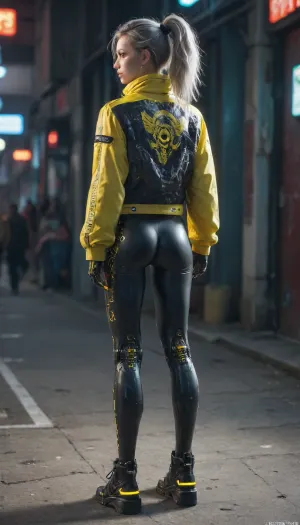 zoomed out full body portrait, ((Asian cyborg girl with human face:1)), robotic skeleton with visible neon robotic organs, many face scars and many tattoos, platinum hair in high ponytail, cyberpunk city, standing wearing yellow reflective jacket with green logo on back, rear view looking back, <lora:PAseer-SDXL-Transparent Robot:.5>, <lora:DetailedEyes_V3:.1>