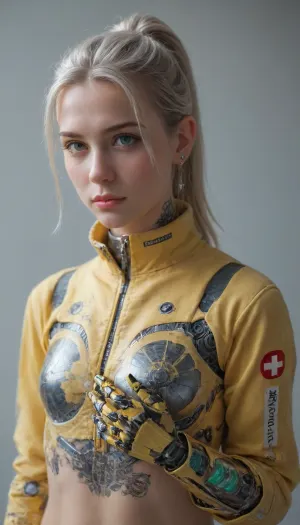 zoomed out full body portrait, ((Asian cyborg girl with lights attached to helmet:.5)), many face scars and many tattoos, (transparent neon pink and neon green robotic arms), (plasma red and plasma yellow robotic legs), (plasma blue robotic feet), robotic skeleton with visible plasma robotic organs, platinum hair in high ponytail, wearing yellow medic jacket giant raised collar, <lora:PAseer-SDXL-Transparent Robot:.1>, <lora:DetailedEyes_V3:.1>